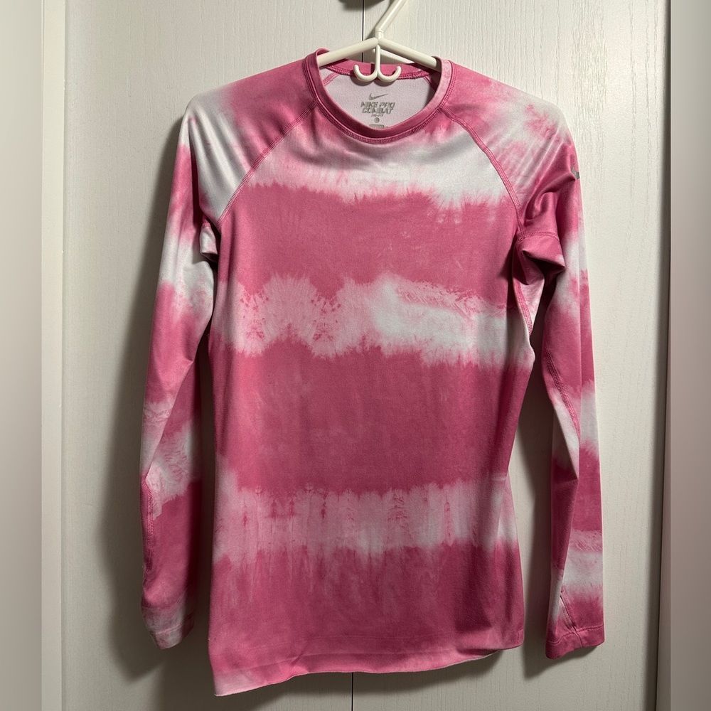 Nike Combat long sleeve athletic shirt. Pink Tie Dye. Used. Bottom hem is undone
